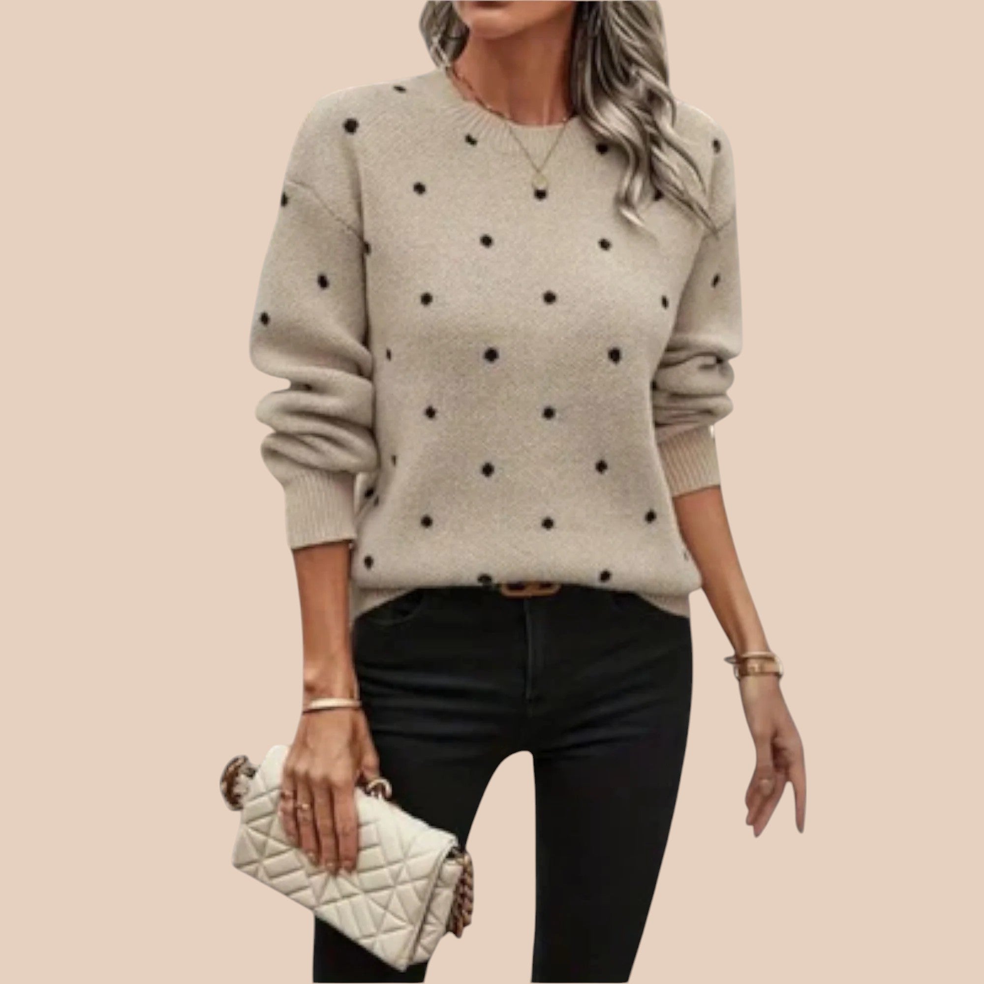 Camisola Casual de Malha com Mangas Compridas e Padrão de Bolas